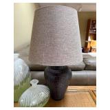 Table Lamp with Beige Shade & Green Murano Style Glass Pillow Vases - 3-Piece Decor Set