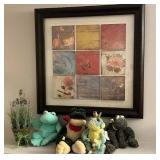 Framed 9-Panel Floral Wall Art Collage - Assorted Vintage Prints w Plush Toy Frogs & Floral Arrangement