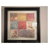 Framed 9-Panel Floral Wall Art Collage - Assorted Vintage Prints w Plush Toy Frogs & Floral Arrangement