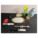 Vintage Vanity Lot Inc Pier 1 Art Glass Vase, Vanity Mirror Tray, Cigarette Cases, Marigold Carnival Glass Deer Covered Dish, BaByliss Paris Type Hair Curling Iron & More!