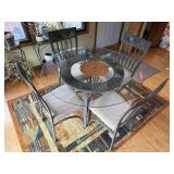 Round Glass Dining Table & 4 Cushioned Metal Chairs - rug not inc