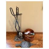 Vintage Fireplace Tool Set on Stand with Wooden Coal Bucket