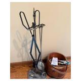 Vintage Fireplace Tool Set on Stand with Wooden Coal Bucket