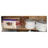 Two White Crockpots, Crisa Handblown Glassware Box, Gray Storage Container