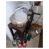 Kitchen & Basement Essentials Lot: Blender, Ice Cream Buckets, Pots, Small Fan