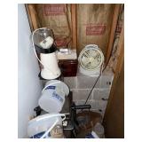 Kitchen & Basement Essentials Lot: Blender, Ice Cream Buckets, Pots, Small Fan
