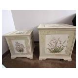 Pair of Hand-Painted Iris Floral Chests - Cream Wood Storage Cabinets Retail $115