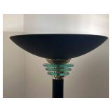 Mid-Century Modern Floor Lamp - Black Stem with Turquoise Glass Ring Accents & Bowl Shade