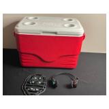 Coleman Cooler - Red Body with White Lid and Four Cup Holders, Ice Cleats & Sony Headphhones