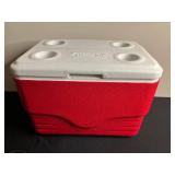 Coleman Cooler - Red Body with White Lid and Four Cup Holders, Ice Cleats & Sony Headphhones