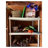 Assorted Hand Tools & Hardware on Metal Shelf