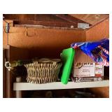 Assorted Hand Tools & Hardware on Metal Shelf