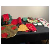 Christmas Decor Bundle - Poinsettia Linens, Napkin Rings (Set of 4), Santa Hats