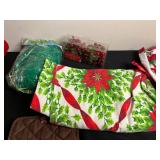 Christmas Decor Bundle - Poinsettia Linens, Napkin Rings (Set of 4), Santa Hats