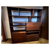 Walnut Finish Wood Bookcase Cabinet w/ Shelves & Drawers - 96 x 59 x 15 in