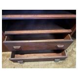 Walnut Finish Wood Bookcase Cabinet w/ Shelves & Drawers - 96 x 59 x 15 in