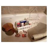 Brown Ribbed Wastebasket (chipped & Bath Decor - Rack, Soap Dispenser, Seashells w VTG First Aid Items