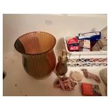 Brown Ribbed Wastebasket (chipped & Bath Decor - Rack, Soap Dispenser, Seashells w VTG First Aid Items