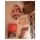 Brown Ribbed Wastebasket (chipped & Bath Decor - Rack, Soap Dispenser, Seashells w VTG First Aid Items