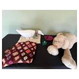 White Bird Figurine, Crochet Granny Square Afghan, Plush Bunny, Jewelry Box & Enablo Pouch