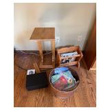 Wooden Pedestal Table, Magazine Rack, Wicker Basket with Cards, Wooden Ruler & Black Box