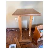 Wooden Pedestal Table, Magazine Rack, Wicker Basket with Cards, Wooden Ruler & Black Box