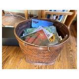 Wooden Pedestal Table, Magazine Rack, Wicker Basket with Cards, Wooden Ruler & Black Box