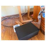 Wooden Pedestal Table, Magazine Rack, Wicker Basket with Cards, Wooden Ruler & Black Box