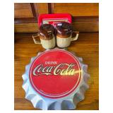 Coke Lot. Tin Sign, Tiny Tin Sign and Salt and Pepper Shakers