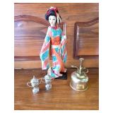 Japanese Doll, Salt & Pepper, and Vintage Small Brass Oil Can