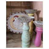Chicken Wall Hanger without Wire to Hang. 3 Candlestick Holder with Metal Top