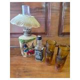 Small Oil Lamp, 4 Tiny Shot Glasses and A Small Jack Daniels Bottle