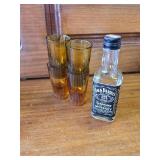 Small Oil Lamp, 4 Tiny Shot Glasses and A Small Jack Daniels Bottle