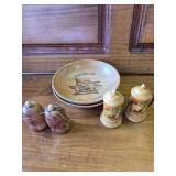 2 Wooden Bowls, Sets of Salt and Pepper Shakers Wooden, and Another Set of S&P Shakers