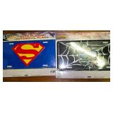 Spiderman Collectors Box and a Spiderman and Superman License Plate Holders