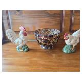 Glass Mosaic Bowl, Chicken Figurines