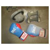 Boxing gloves, 10lb weights, and du...