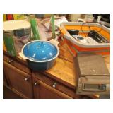 Assorted kitchen items and a vintage scale