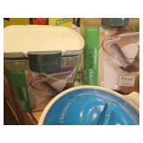 Assorted kitchen items and a vintage scale