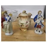 Vintage Porcelain Figurines, Glass Bowl & Occupied Japan Jar (Lot of 5)