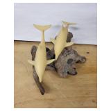 Pair of Yellow Shark Sculptures on Rock Base Coastal Nautical Decor