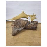 Pair of Yellow Shark Sculptures on Rock Base Coastal Nautical Decor