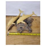 Pair of Yellow Shark Sculptures on Rock Base Coastal Nautical Decor