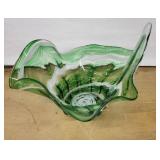 Green Glass Bowl with White Swirl - Ruffled Edge Art Glass