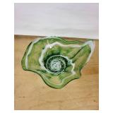 Green Glass Bowl with White Swirl - Ruffled Edge Art Glass