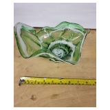 Green Glass Bowl with White Swirl - Ruffled Edge Art Glass