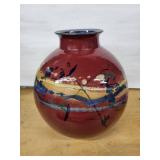 Vase - Red Glazed Ceramic with Blue Interior & Abstract Stripe Motif, ~9in Tall
