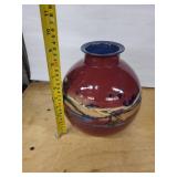 Vase - Red Glazed Ceramic with Blue Interior & Abstract Stripe Motif, ~9in Tall