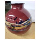 Vase - Red Glazed Ceramic with Blue Interior & Abstract Stripe Motif, ~9in Tall