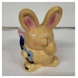 Vintage Ceramic Bunny Egg Cup - Pink Cup with Blue Dots, Yellow Base